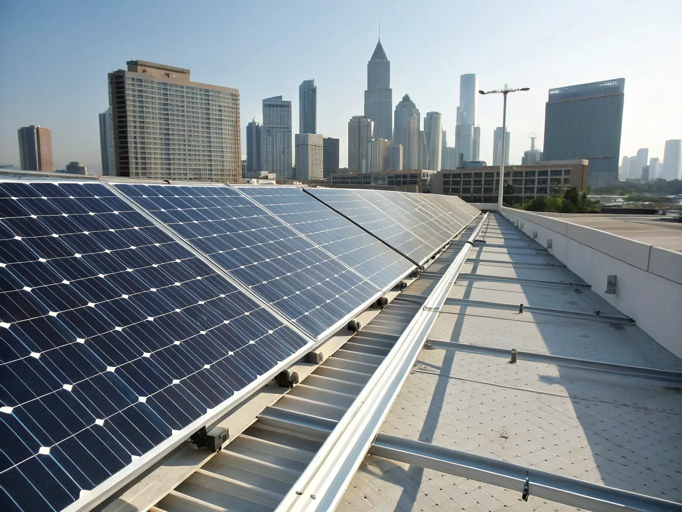 A close-up shot of a monocrystalline solar panel, highlighting its sleek black design and efficient energy conversion capabilities. The panel is installed on a commercial rooftop, showcasing its application in a business setting.